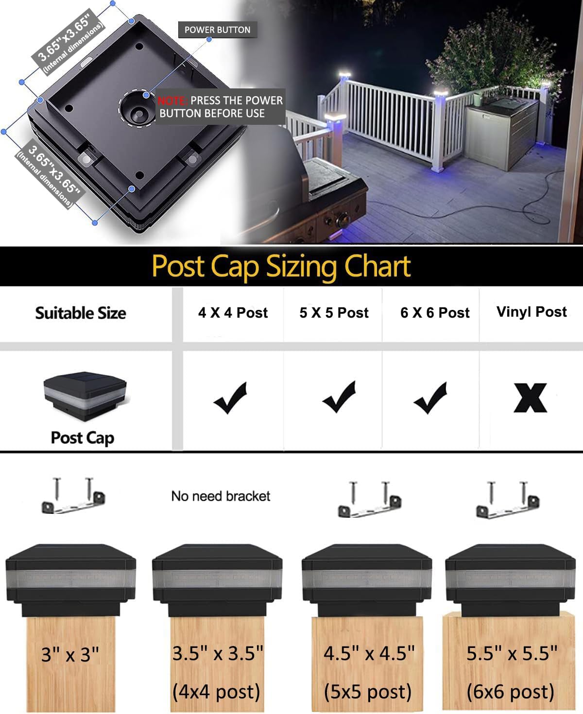 Solar Post Cap Lights 160 Lumen, 4x4 Post Solar Lights Fits 4x4 5x5 6x6 Wooden Posts, Deck Fence Post Solar Lights Waterproof, Outdoor Post Lights for Porch Patio Garden Landscape Lighting(4 Pack)