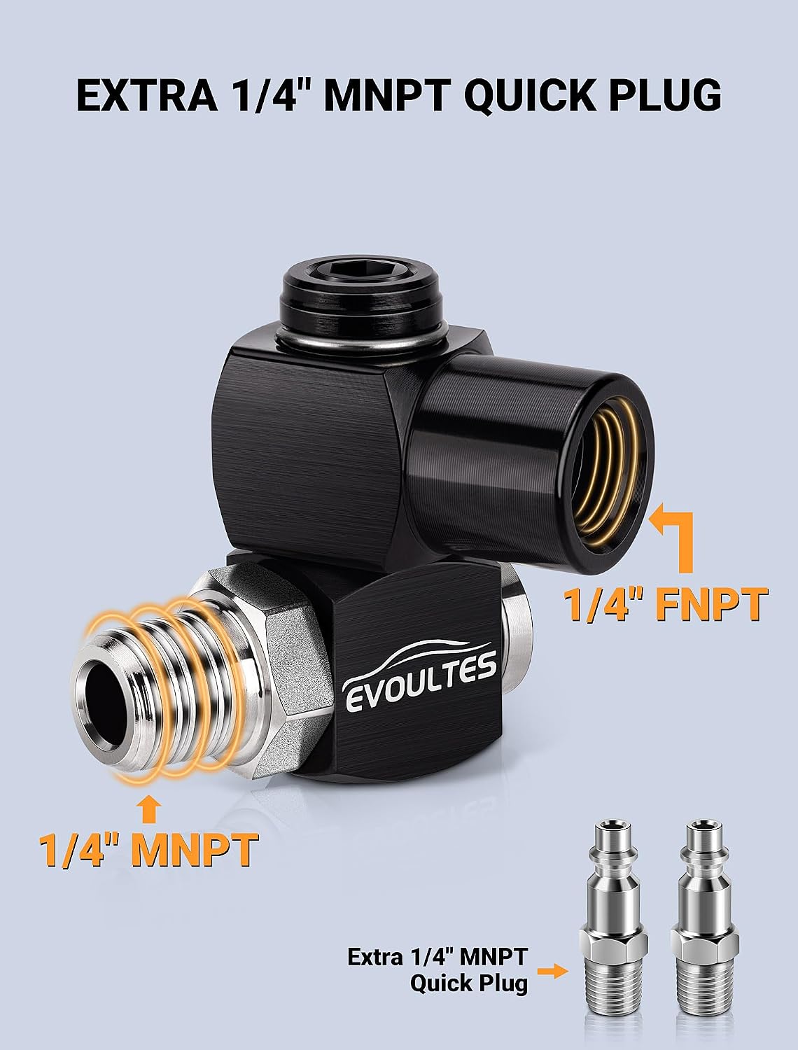 EVOULTES 2-Packs 1/4" NPT 360° Swivel Air Hose Fittings, No Leakage Air Compressor Hose Fittings with 1/4 Inch MNPT Quick Connect, Air Tool Fittings for Air Compressor Attachments