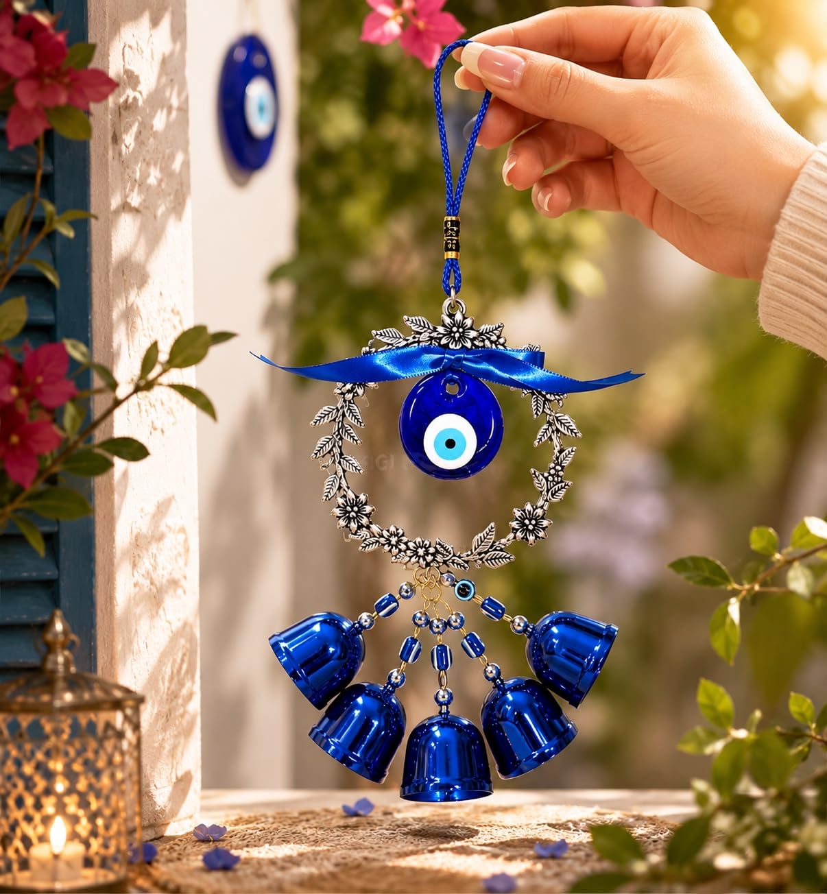 Premium Blue Evil Eye Wall Hanging with 5 Bells | Turkish Nazar Metal Wind Chime for Main Door, Home Entrance, Living Room, Office & Balcony | Home Decor Gift-image-9