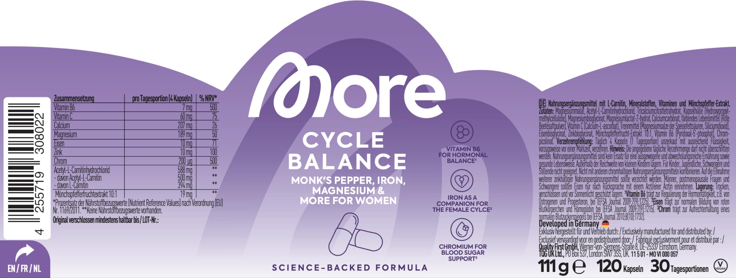 More Nutrition Cycle Balance 2.0, 120 Kapseln, mit L-Carnitin, Mineralstoffen, Vitaminen und Mönchspfeffer Extrakt (Design kann variieren)