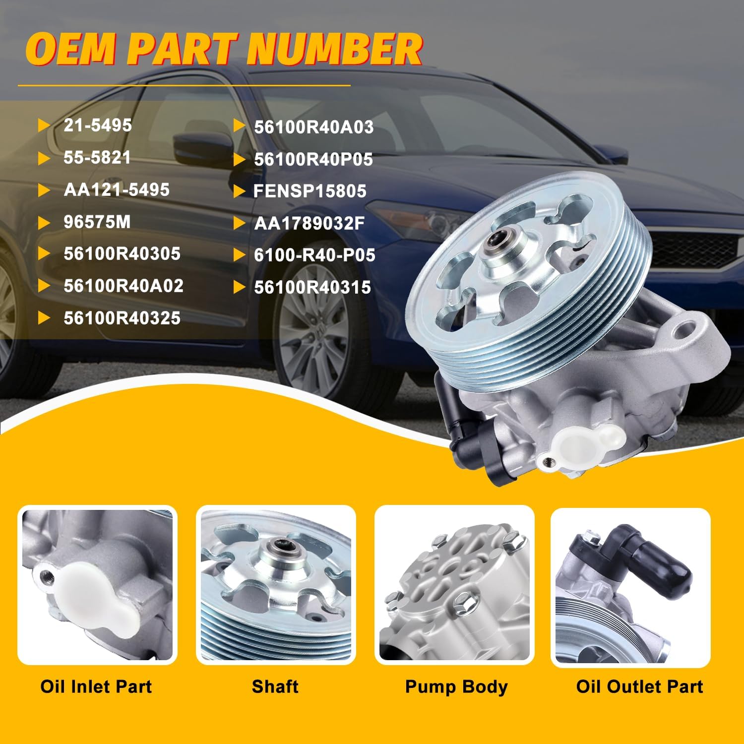 21-5495 Power Steering Pump with Pulley,P/S Pump Kit Fit for Honda Accord 2.4L L4 2008 2009 2010 2011 2012,Power Pump Replace 56100R40A03 56110R40325 96575M