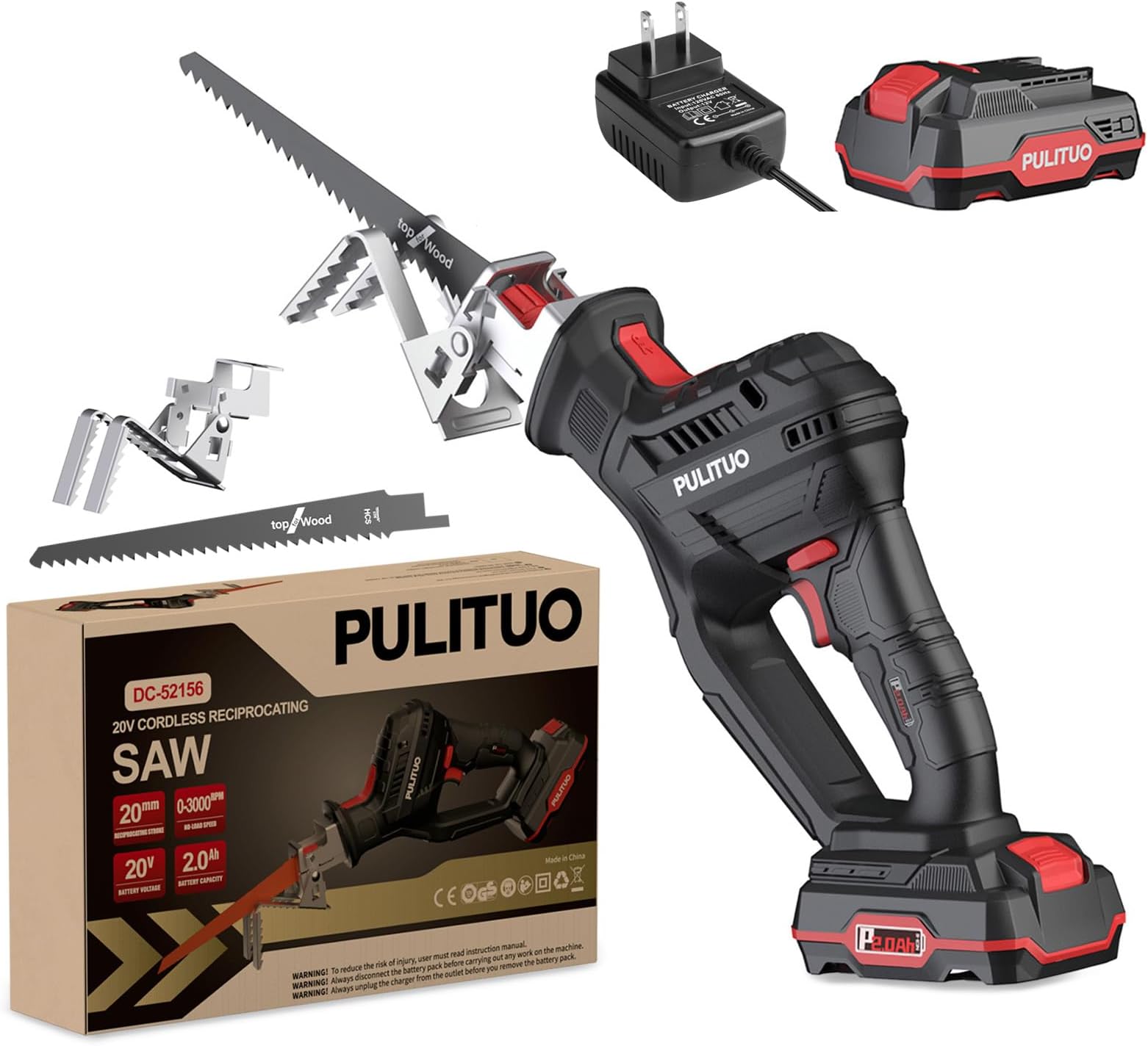 PULITUO Reciprocating Saw Cordless, 20V Power Reciprocating Saws Compact Design, with 2.0Ah Li