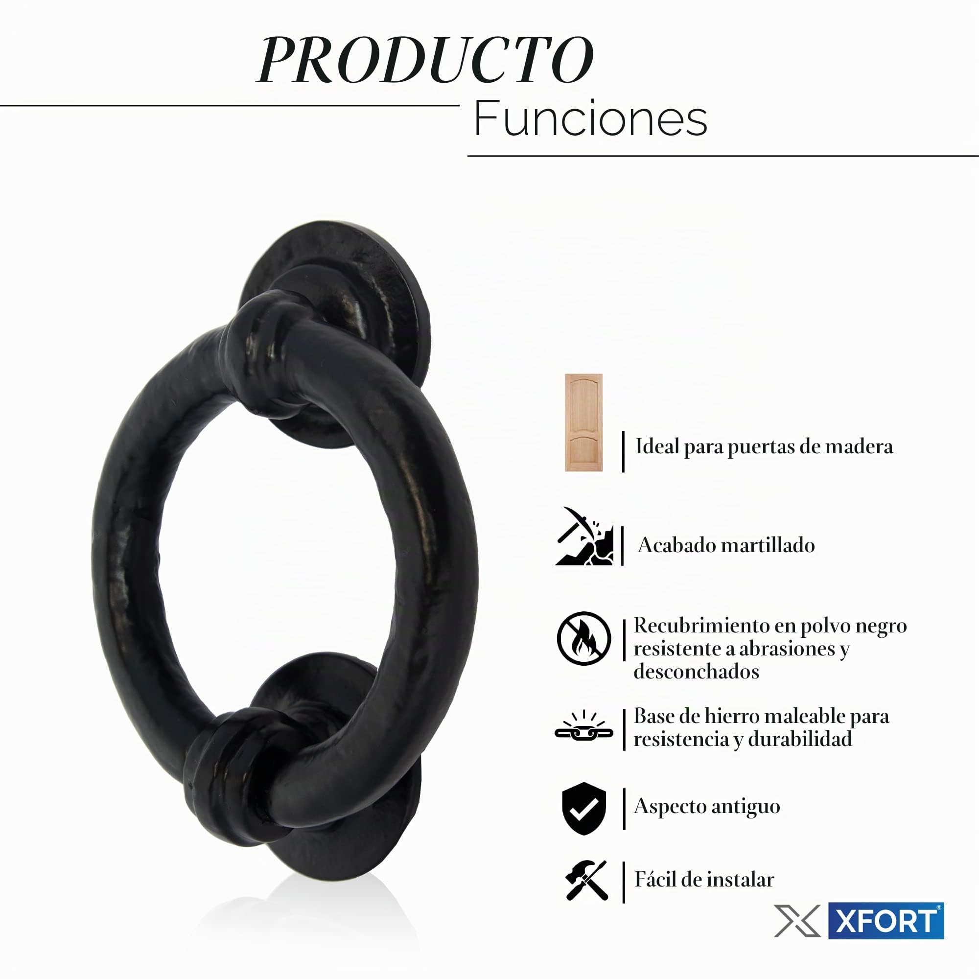 XFORT Smithy's Range Aldaba de Puerta con Anillo Antiguo Negro, Aldaba de Puerta Frontal con Anillo Negro Tradicional, Herraje Exterior Estético Antiguo, Aldaba de Puerta de Hierro Fundido.