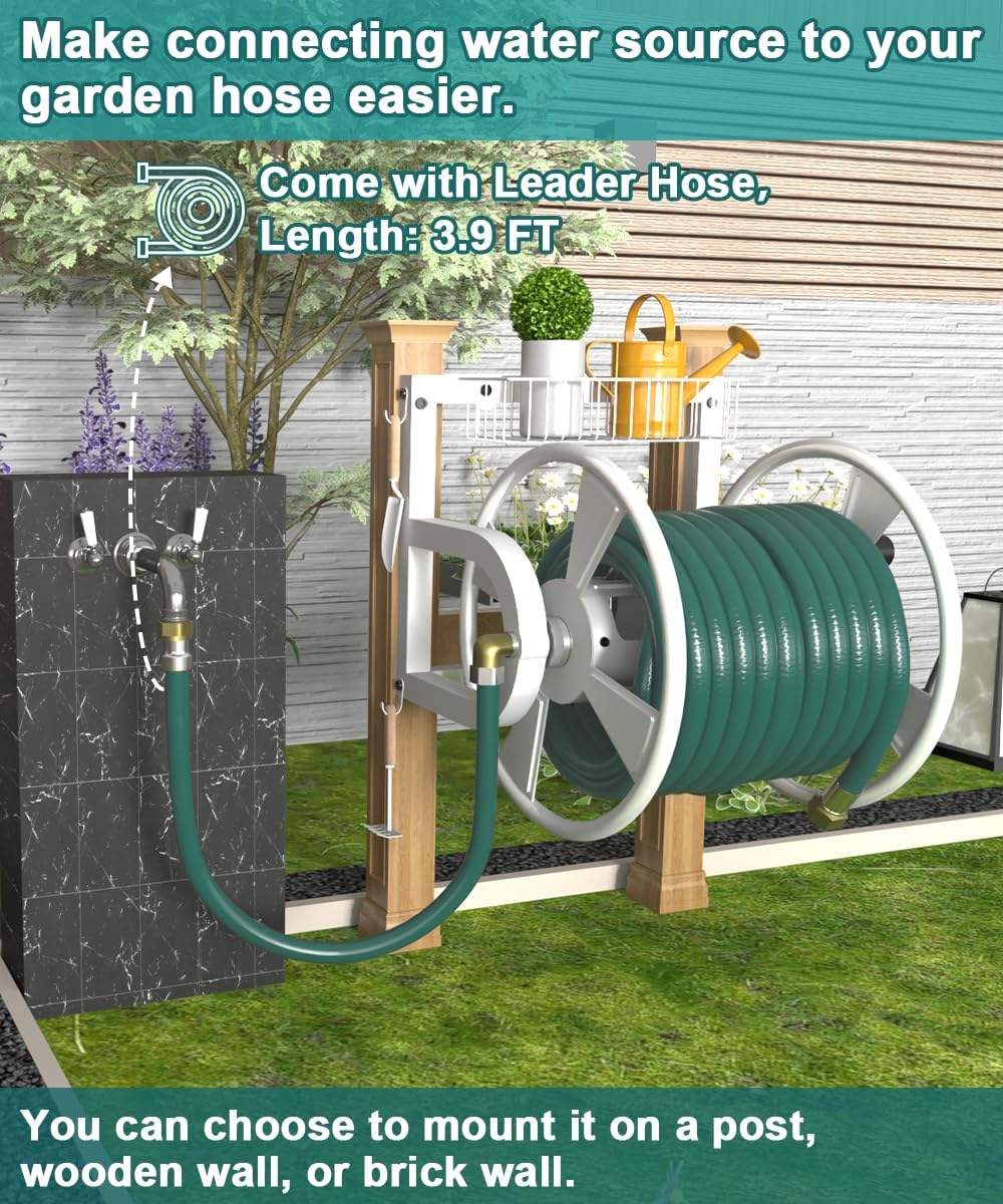 Artigarden Outdoor Wall Mounted Hose Reel with Hook, Garden Heavy-Duty Water Hose Holder Winder with 3.9 ft Leader Hose, Brass Fitting and Storage Basket for Yard, Holds 125 Ft of 5/8-Inch Hose, White