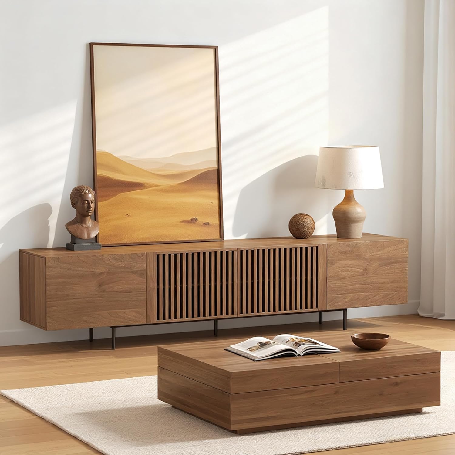 Mid-Century Modern 94.48" TV Stand and Expandable Coffee Table Set, Large Walnut Entertainment Center with Storage for Living Room and Bedroom Furniture Decor