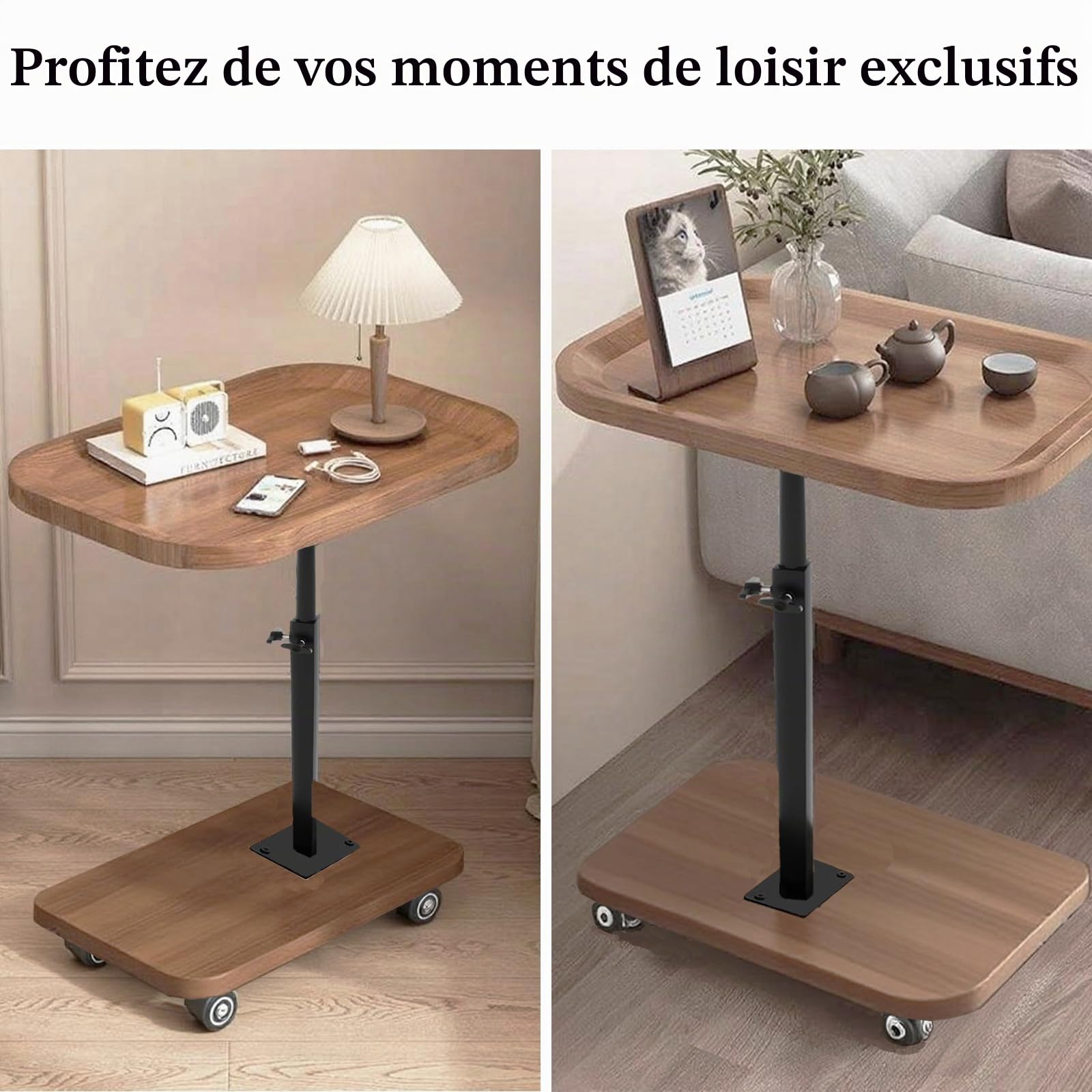 Table D'appoint À Roulettes Réglable En Hauteur (45-80 Cm),en Forme De C ,360 ° Pivotante Canapé Table D'appoint Pour Canapé ,Petite Café Moderne C Tables, Aux 4 Roulettes,pour Salon/Chambre/Balcon