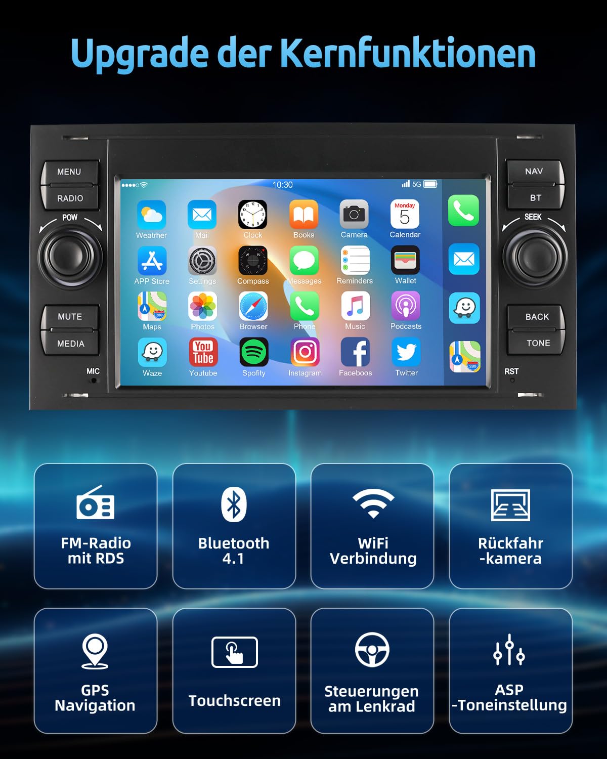 ESSGOO 2+64G Wireless Autoradio Android 14 Car Radio mit Carplay und Android Auto Für Ford Fiesta Galaxy Transit Connect MK7 Focus Fusion Kuga S/C-Max, 7 Zoll Touchscreen mit Bluetooth FM USB GPS