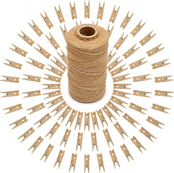 jijAcraft 100Pcs Clothespins with String, 1.4Inch Mini Wooden Clothes Pins with 328Ft Jute Twine, Mini Baby Shower Photo Clips, Small Natural Clips for Hanging Photo, Clothes, DIY Crafts, Wrap Bag