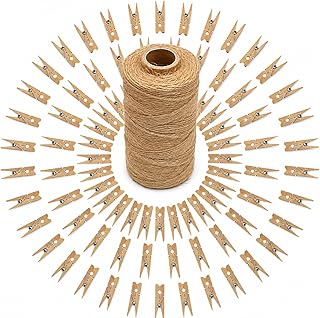 jijAcraft Mini Wooden Clothespins with 328-Foot Jute Twine, 100-Pack