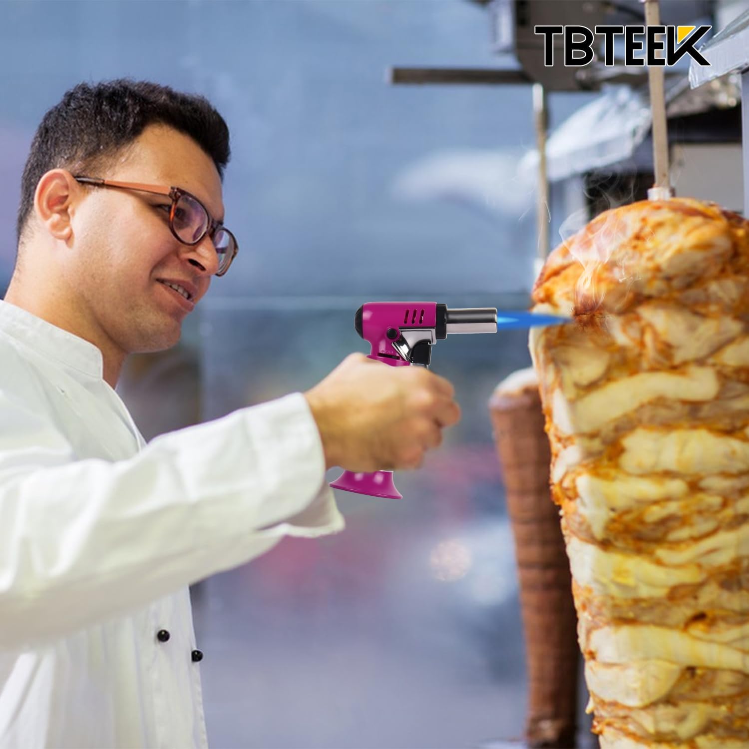TBTeek Kitchen Torch with Butane Included, One-hand Operation Cooking Torch Lighter with Butane Refill for BBQ, Baking, Brulee Creme and Soldering, Purple(2 Can)