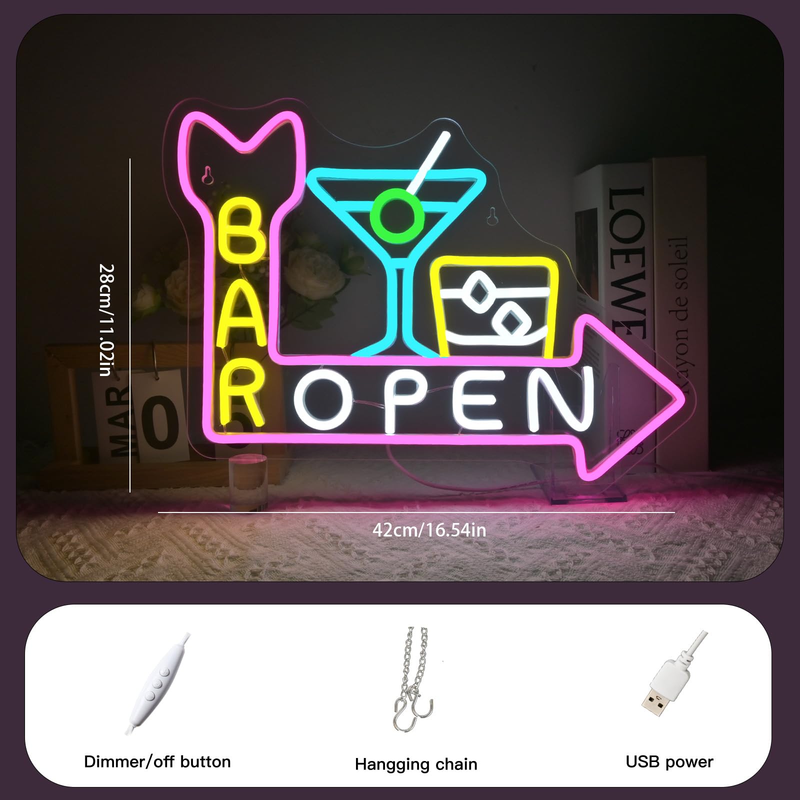 VYXIN BAR OPEN Neon Light Sign Cocktail Neon Sign for Wall Decor Open Led Signs for Bar Restaurant Living Room Bedroom Man Cave Party Home Decor Store Gifts - Image 4