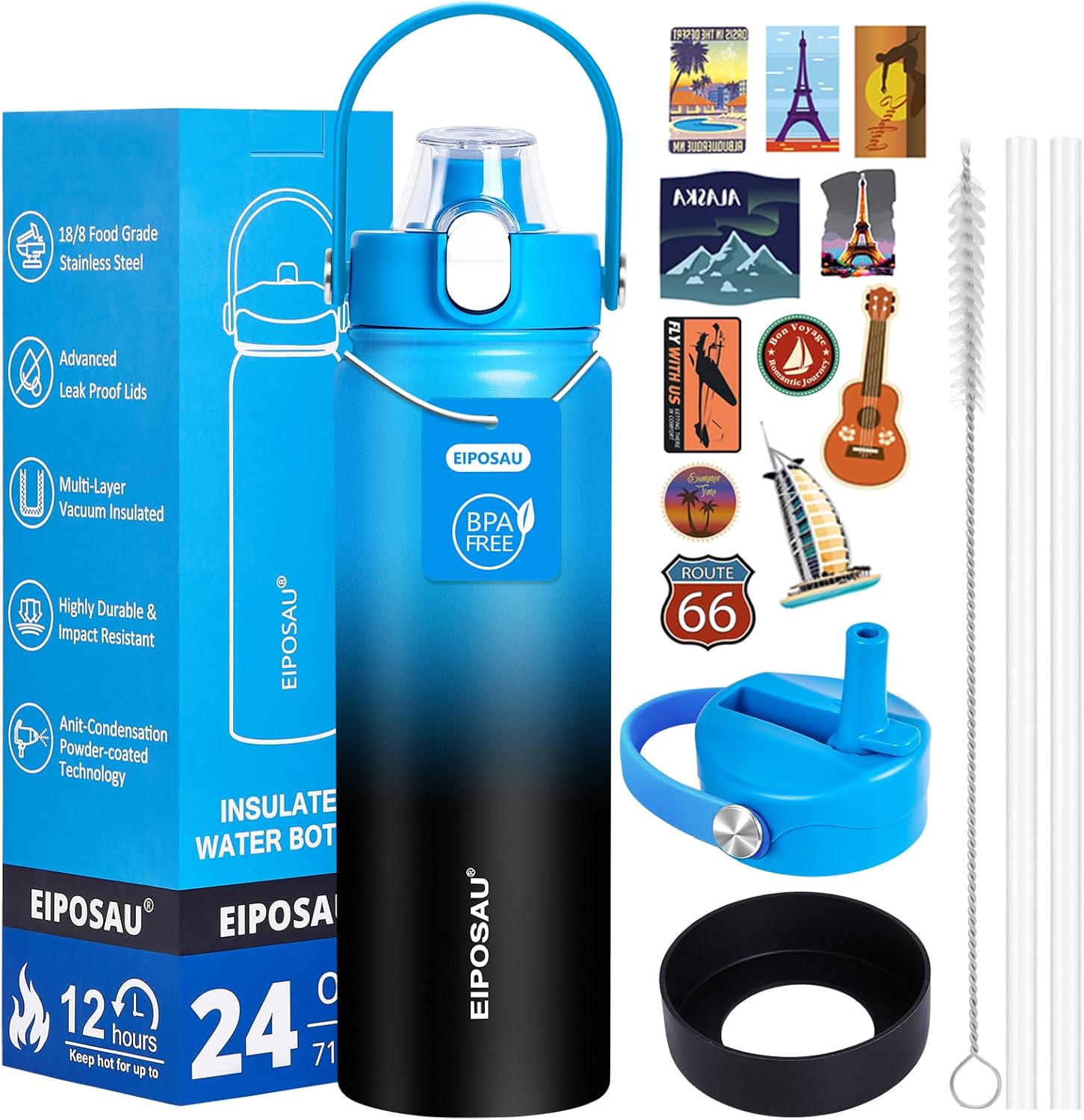 Insulated Water Bottle with Lid & Boot & Stickers, 24 oz Stainless Steel Sweat Free Bottle Keep Cold 24H, BPA-Free Sports Wide Mouth Water Bottle, BlueBlack