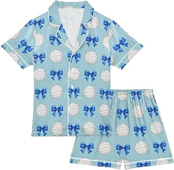 Satin Pajama Sets Short Sleeve Volleyball Balls with Blue Bows Button Down Silky Nightwear 2 Piece PJS 5-14Y