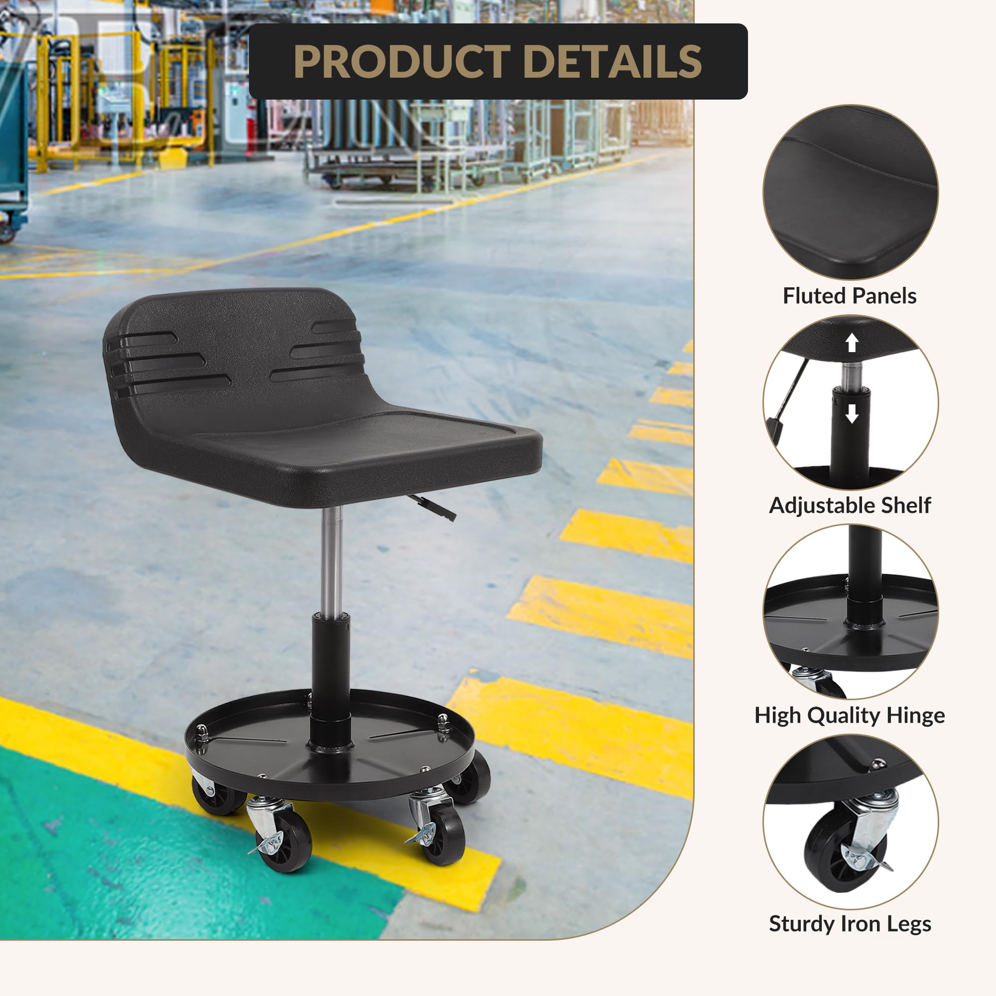 Garvee Taburete rodante, asiento mecánico resistente con ruedas, 44-57 cm, altura ajustable, con bandeja de almacenamiento de herramientas, capacidad de 136 kg, silla ergonómica acolchada con ruedas