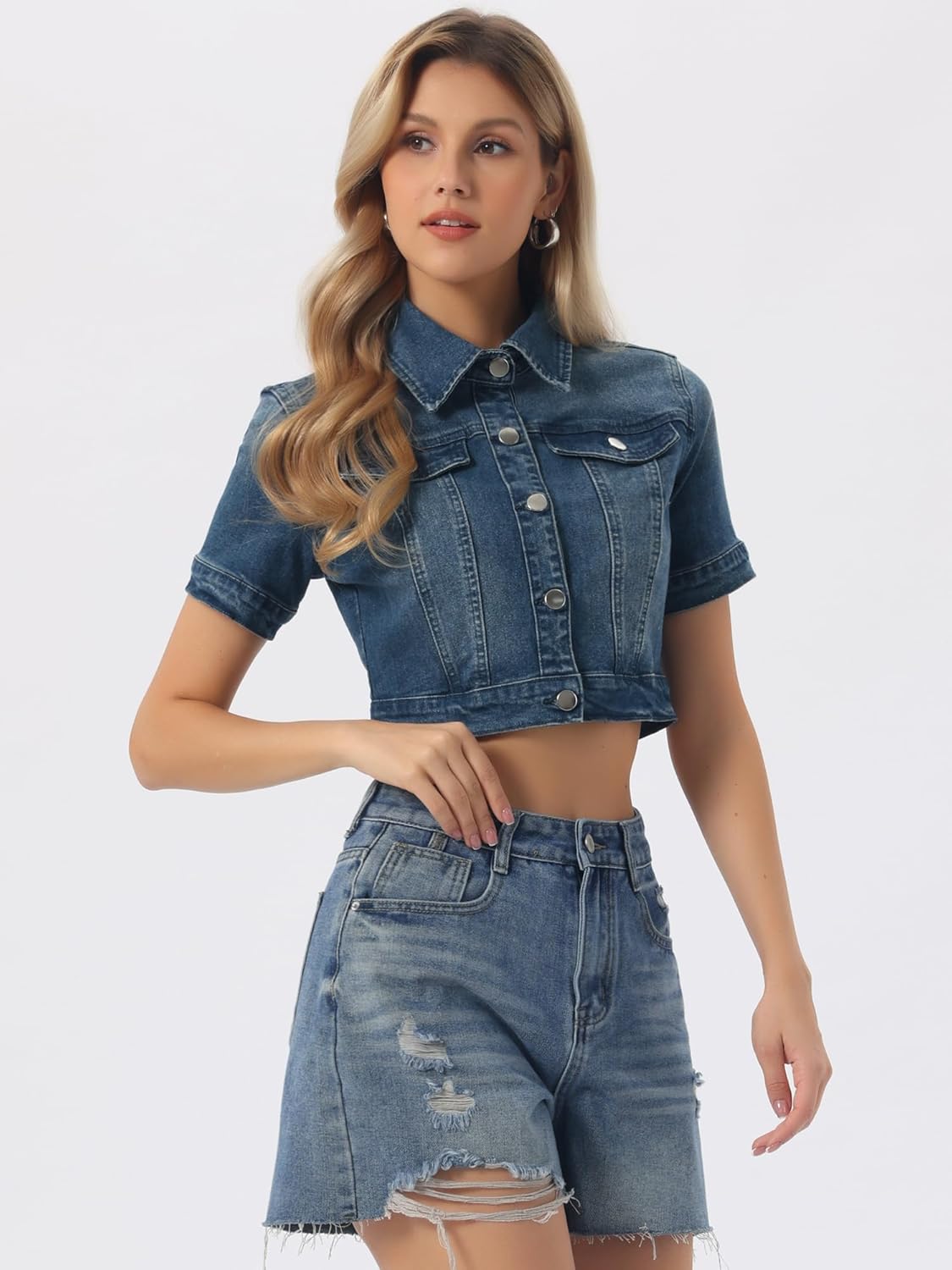 Allegra K Casual Denim Jacket for Women Short Sleeves Crop Jean Denim Jacket
