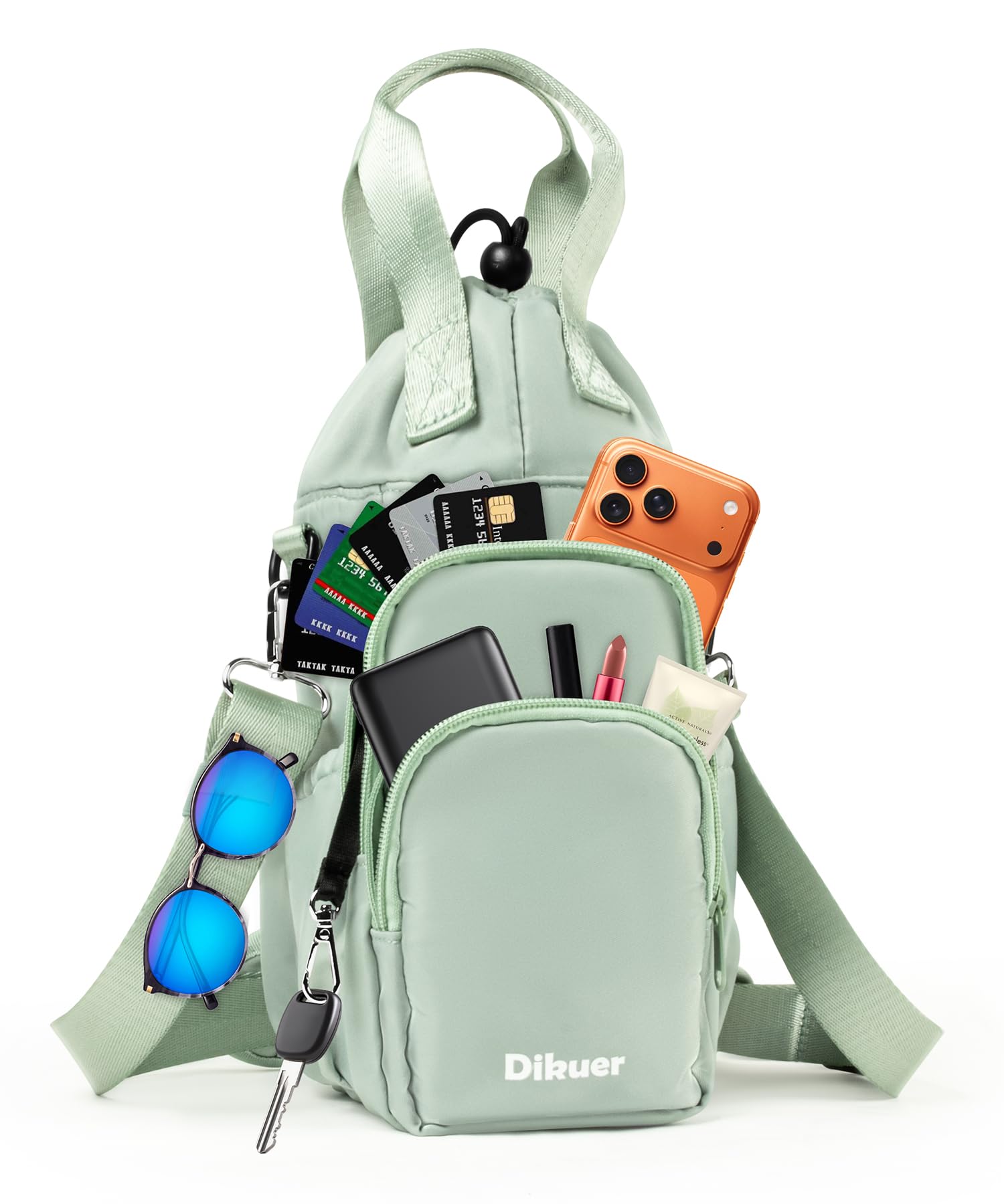 Dikuer 32-40 oz Crossbody Water Bottle Carrier Bag with Phone Pocket, Black | Water-repellent polyester, foil lining, 2 front zip pockets, fixed handles, padded shoulder strap and drawstring closure