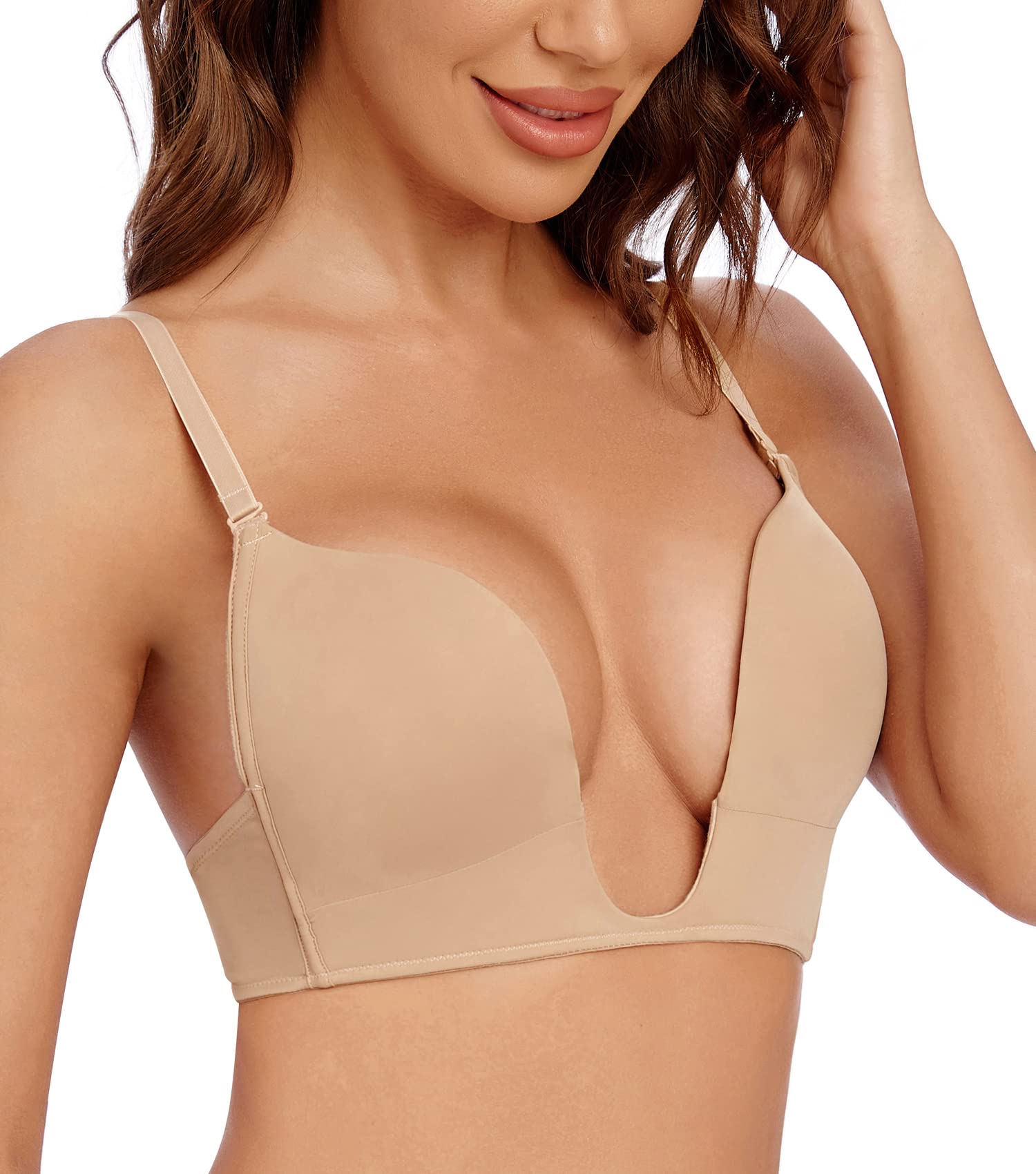 Wekofi Deep V Plunge Bras for Women Convertible Sexy Low Back Invisible Magic Wire Bra(Sand, 40D)