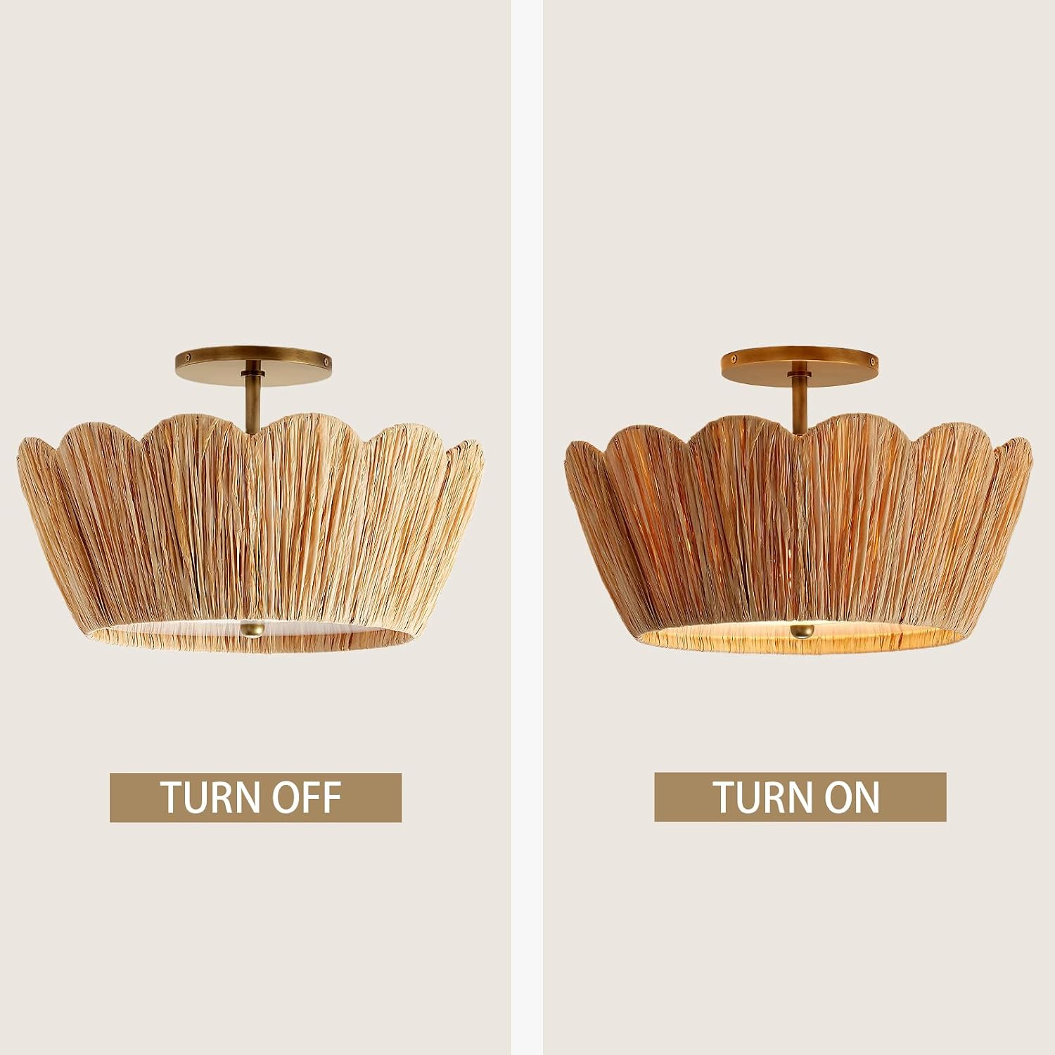 Farmhouse Boho Ceiling Light with Natural Raffia Shade, 3-Light Woven Semi Flush Mount, Scalloped Flower-Shaped Flush Mount Light for Bedroom, Nursery, Entry Way, Kitchen Island,15.8 inch