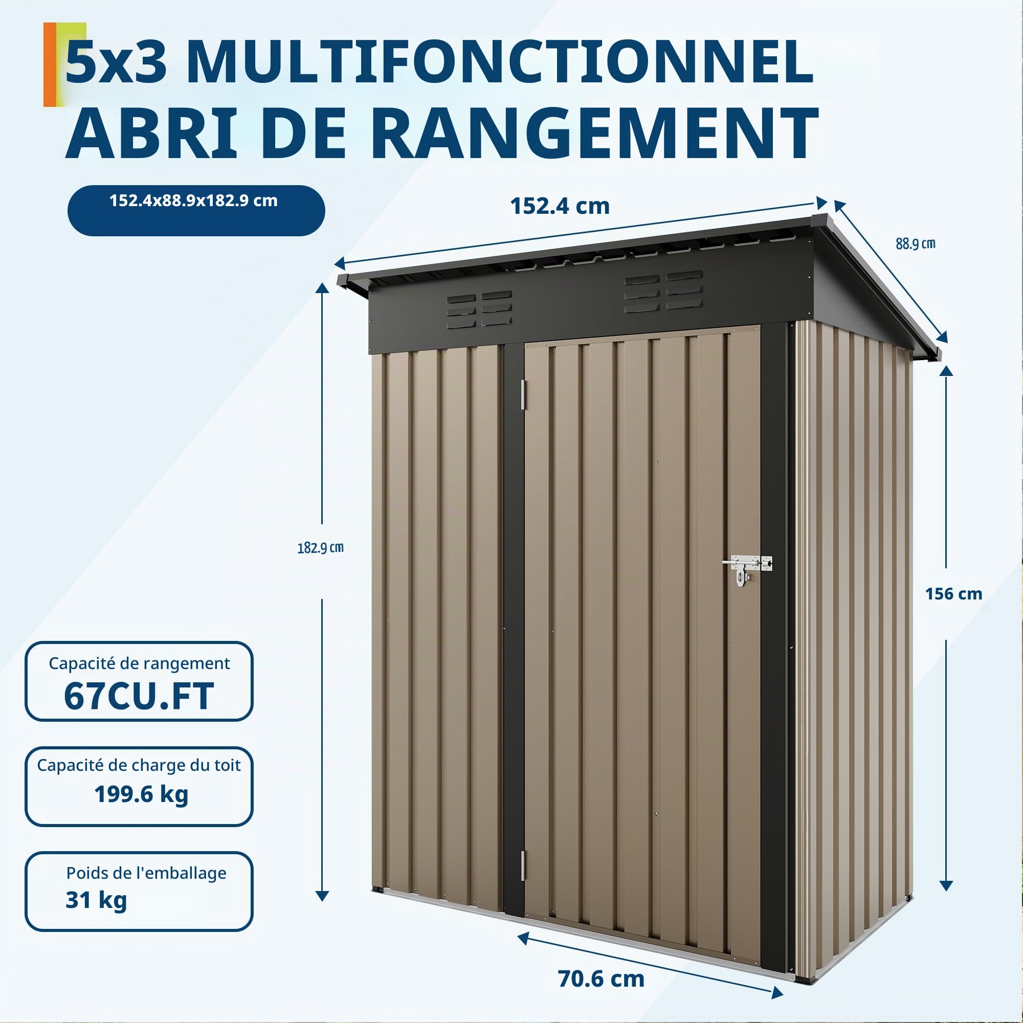 Abri de Jardin en métal 152x90x183 cm (5x3 ft) - Marron