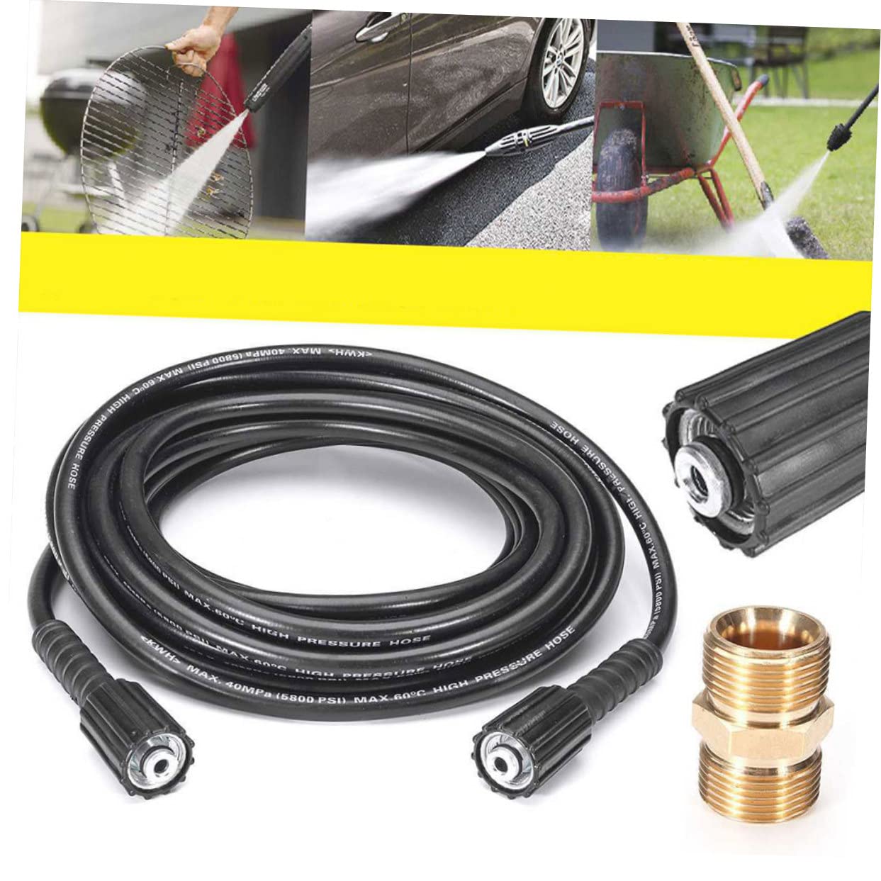 Manguera de Goma para Hidrolimpiadora de Alta Presión, Doble Extremo, Conexión Hembra 22mm, Resistente a Torsiones, para Lavado de Autos