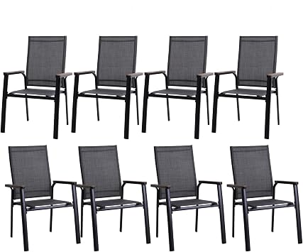 PHI VILLA Outdoor Stackable Dining Chairs Set of 8 w/Aluminum Frame, Grey