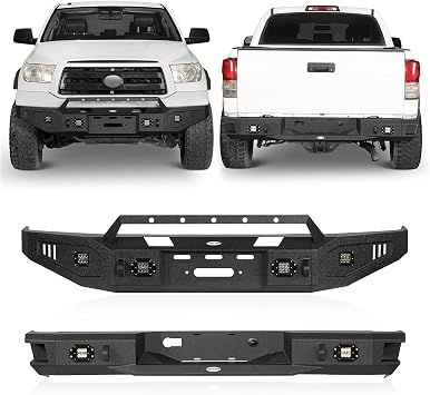 Hooke Road Tundra Front Winch Bumper +Rear Bumper Compatible with Toyota Tundra 2007 2008 2009 2010 2011 2012 2013 Textured Black Steel
