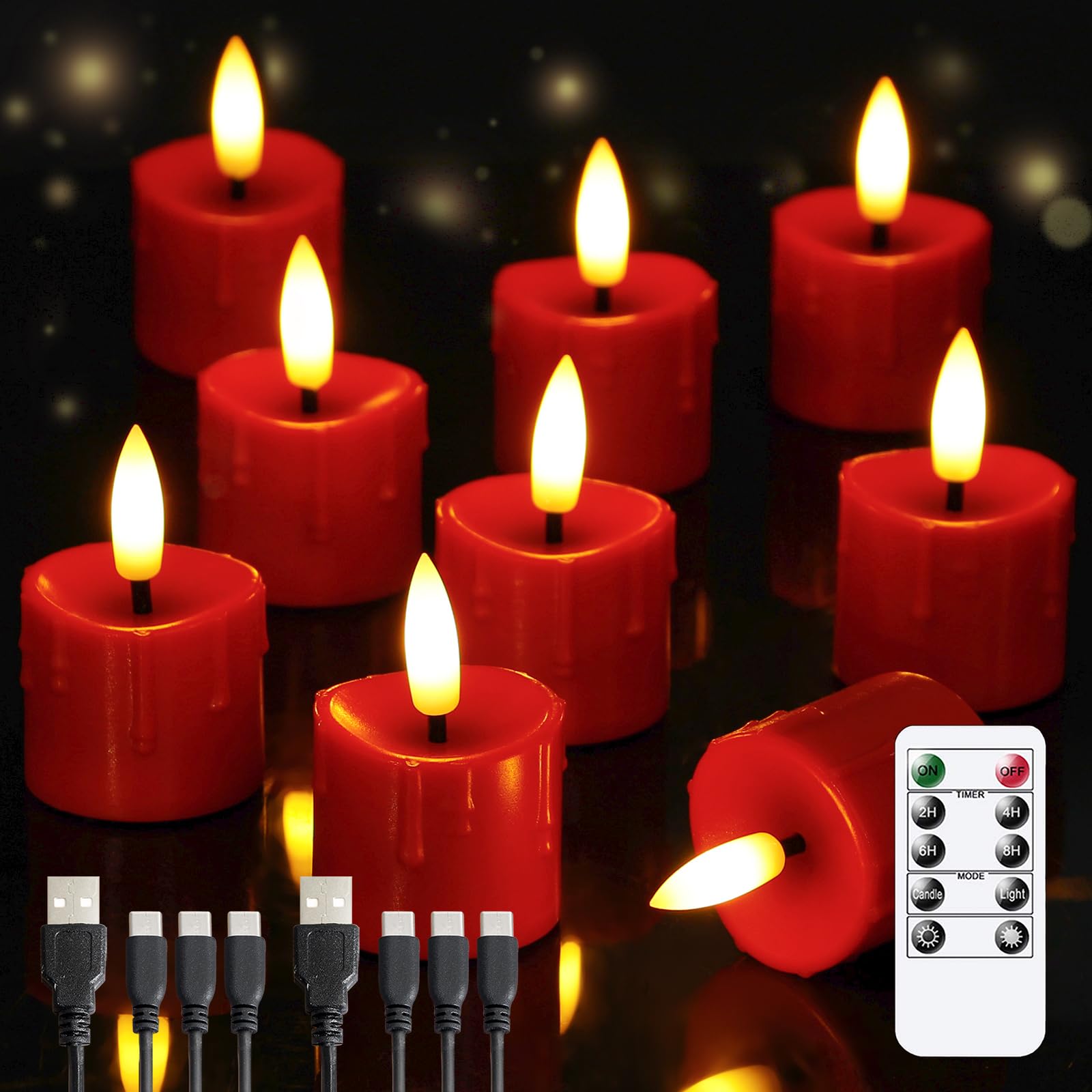Yeelida Rechargeable Flameless 4cm x6.5cm Tea Light LED Candles with Remote & Type-C Charging Cable, Timer Flickering Burgundy Plastic 9pcs Mini Dripping Wax Votive Tealight Candles