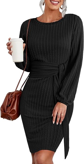 HOTOUCH Womens Knit Dress Long Lantern Sleeve Bodycon Dress Crewneck Tie Waist Rib Knitted Sweater Dresses