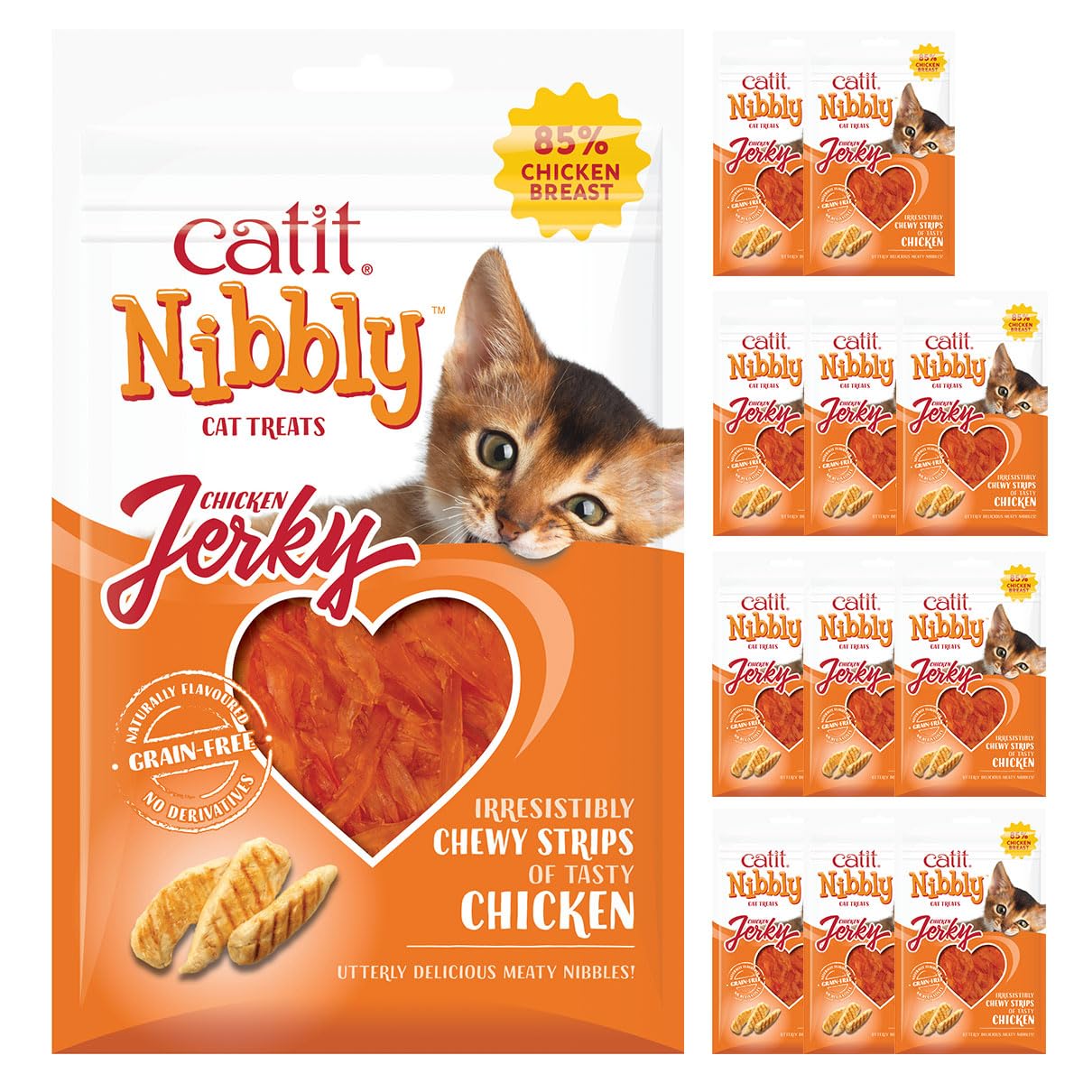 Catit Nibbly Jerky 85% Chicken Grain-Free Cat Treats, Soft, Natural Treats for Cats & Kittens of all Age-Ranges, 12 Resealable Packs of 30g