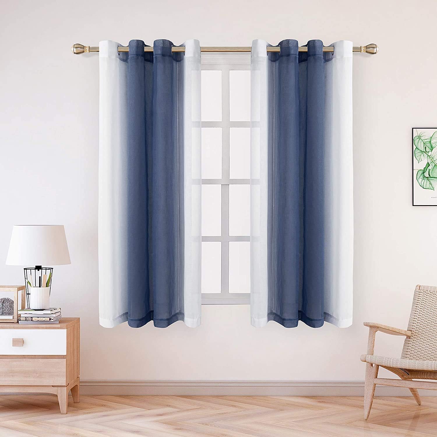 LORDTEX Faux Linen Ombre Sheer Curtains for Bedroom - Voile Semi Sheer Curtains Grommet Top Gradient Curtains for Living Room, Set of 2 Panels, Navy, 52 x 63 Inch