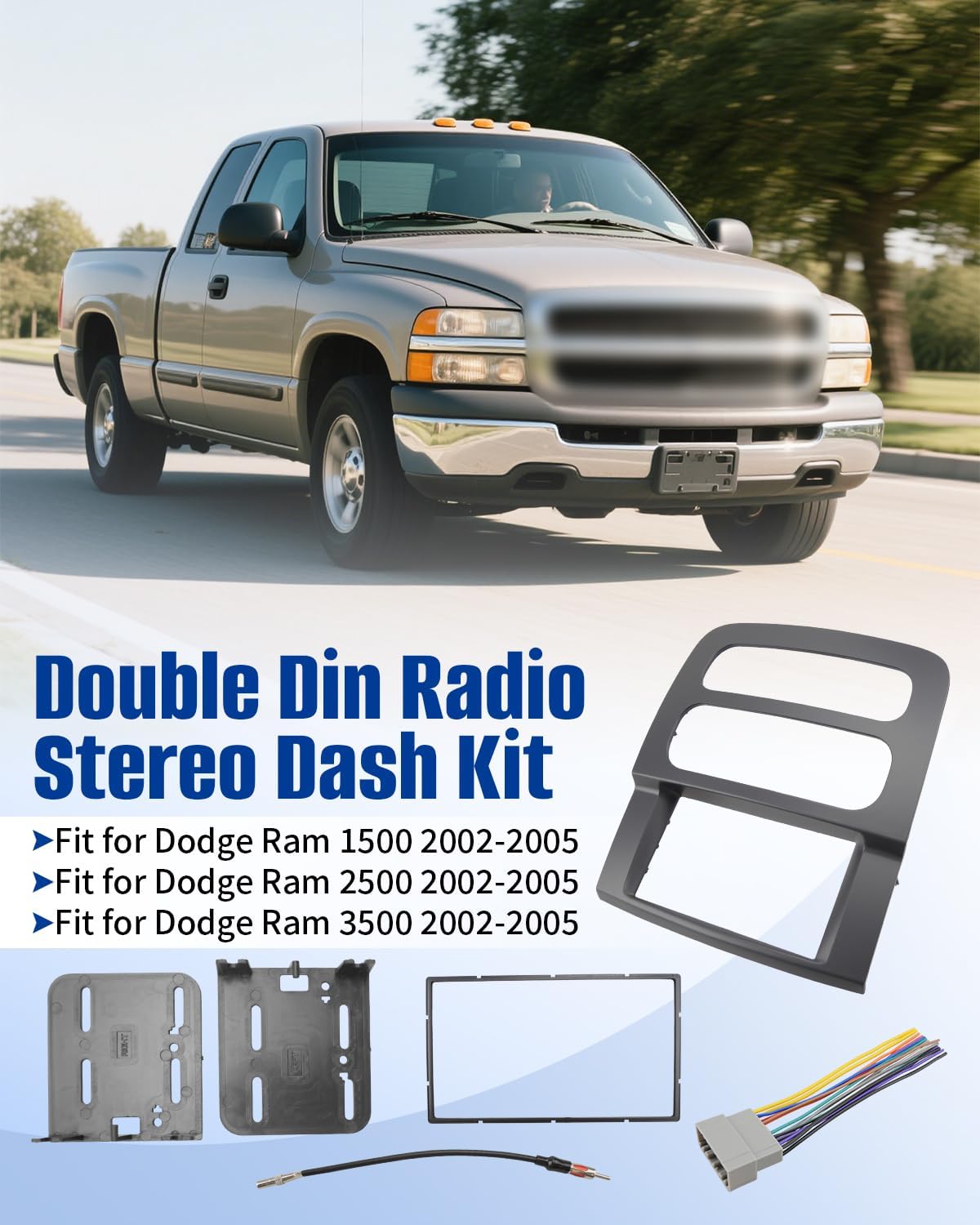 Double Din Radio Stereo Dash Kit W/Antenna Adapter Harness Fit for Dodge RAM 1500 2500 3500 2002 2003 2004 2005