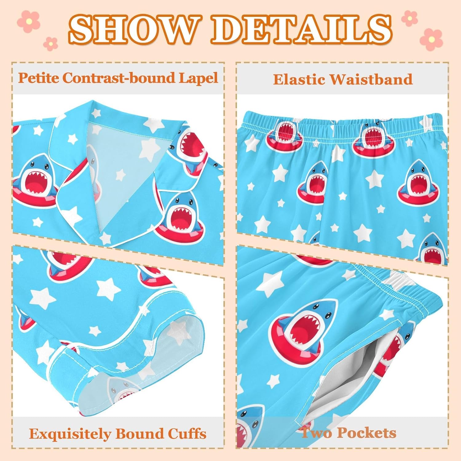 Kids Casual Satin Wear Set Cartoon Shark Star Pattern Unisex Relaxed Fit Clothing