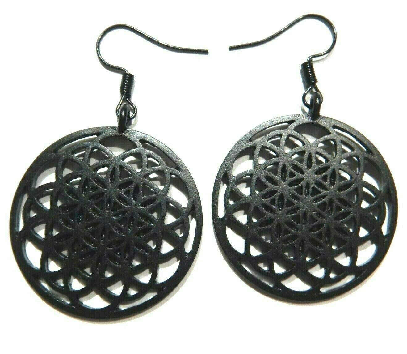 UnknownSeed of Life Sacred Geometry 19-Circle Flower Pendant Hoop Earrings New Age Kabbalah Matte Black