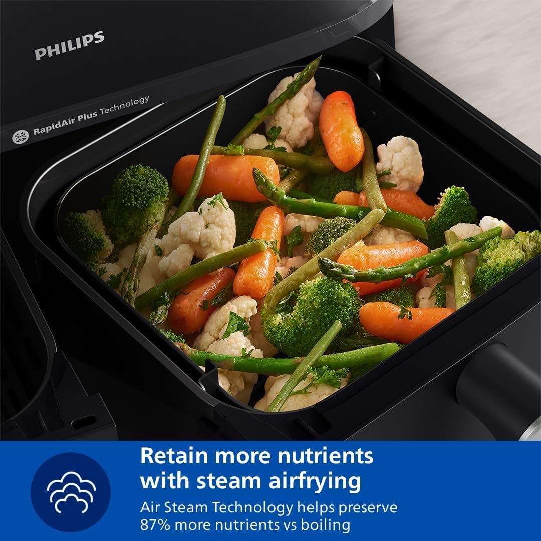 Steamed vegetables in the large basket of the Philips Air Fryer
