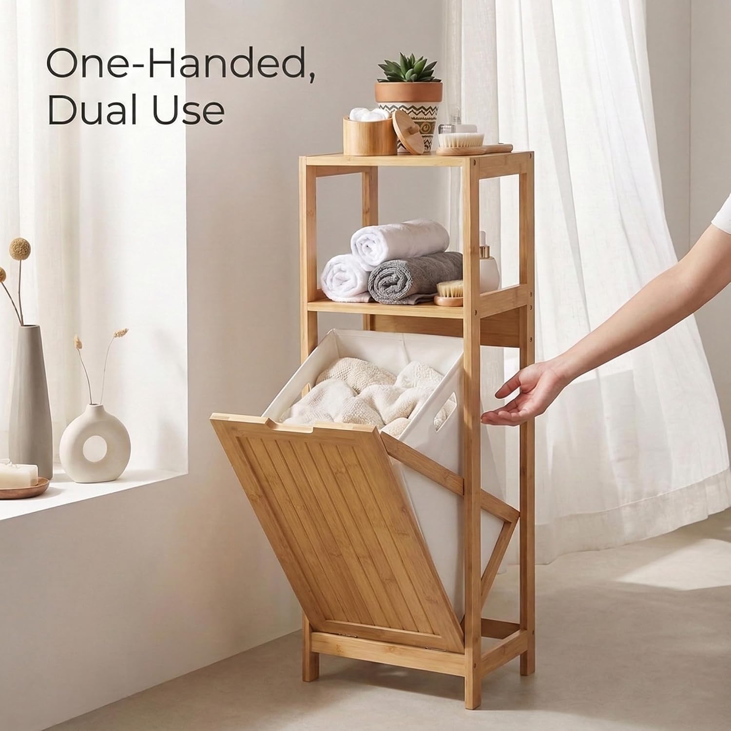 EVIDECO French Home Goods Bamboo Laundry Cabinet with Removable Hamper, Compact Freestanding Storage for Bathroom with Open Shelf and Tilt-Out Design – Mahe Collection