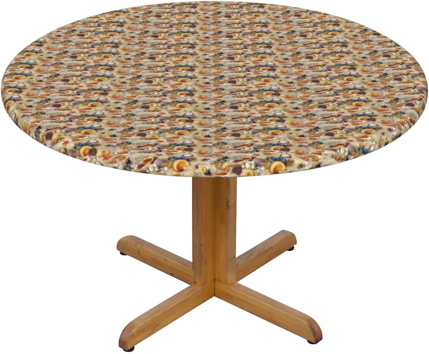 Starfish Seashell Sandy Beach Theme Print Outdoor Patio Kitchen Decor Supplies Wipeable Round Table Cloth for Indoor Outdoor