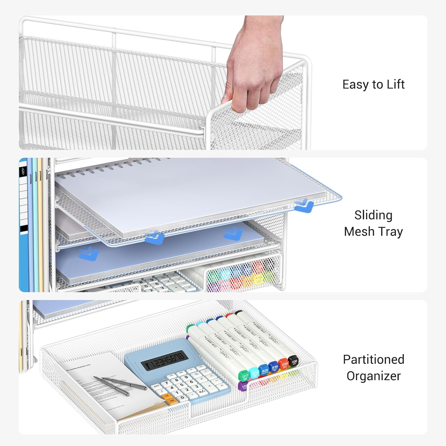 OPNICE Desk Organizer, 5-Tier Paper File Organizer with Drawer & Pen Holder, Office Desk Accessories, Workspace Desktop Organizer for Office Supplies(White) - Image 4
