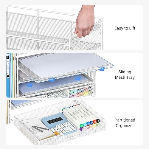 Vista 4 de OPNICE Organizador de escritorio, organizador de archivos de papel de 5 niveles con cajón y soporte para bolígrafos, accesorios de escritorio
