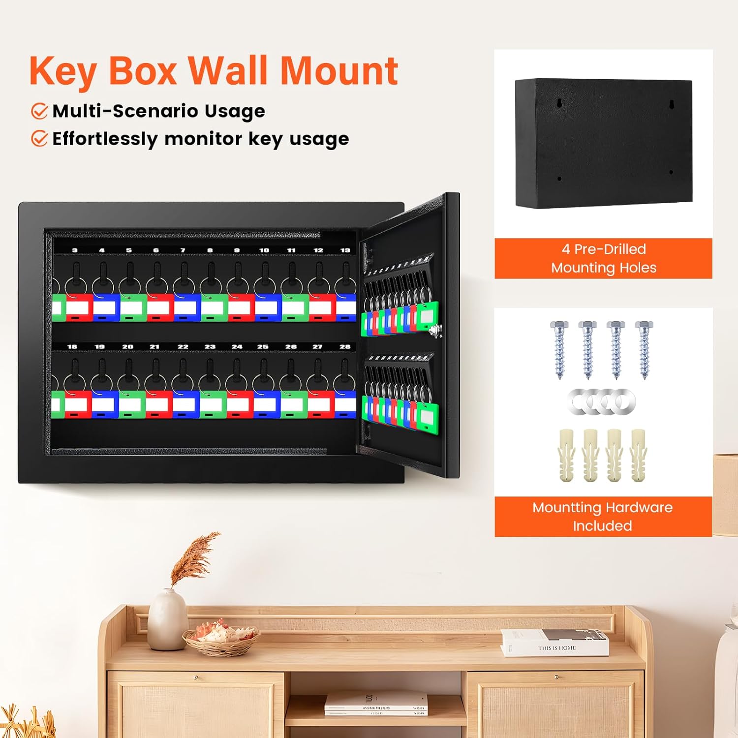 50 Keys Key Cabinet, Anti-Theft Key Lock Box with Key Tags, Adjustable Key Organizer Wall Safe for Car Office House Garage Rental Business
