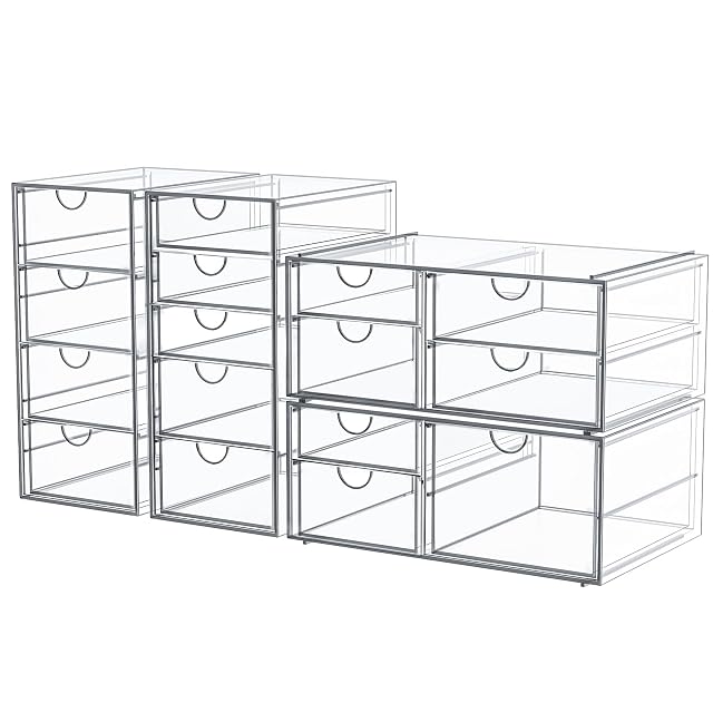 caktraie Makeup Organizer Storage with 16 Drawers 4 Pcs Desktop Office Supplies Desk Organizers Clear Accessories Dustproof Storage