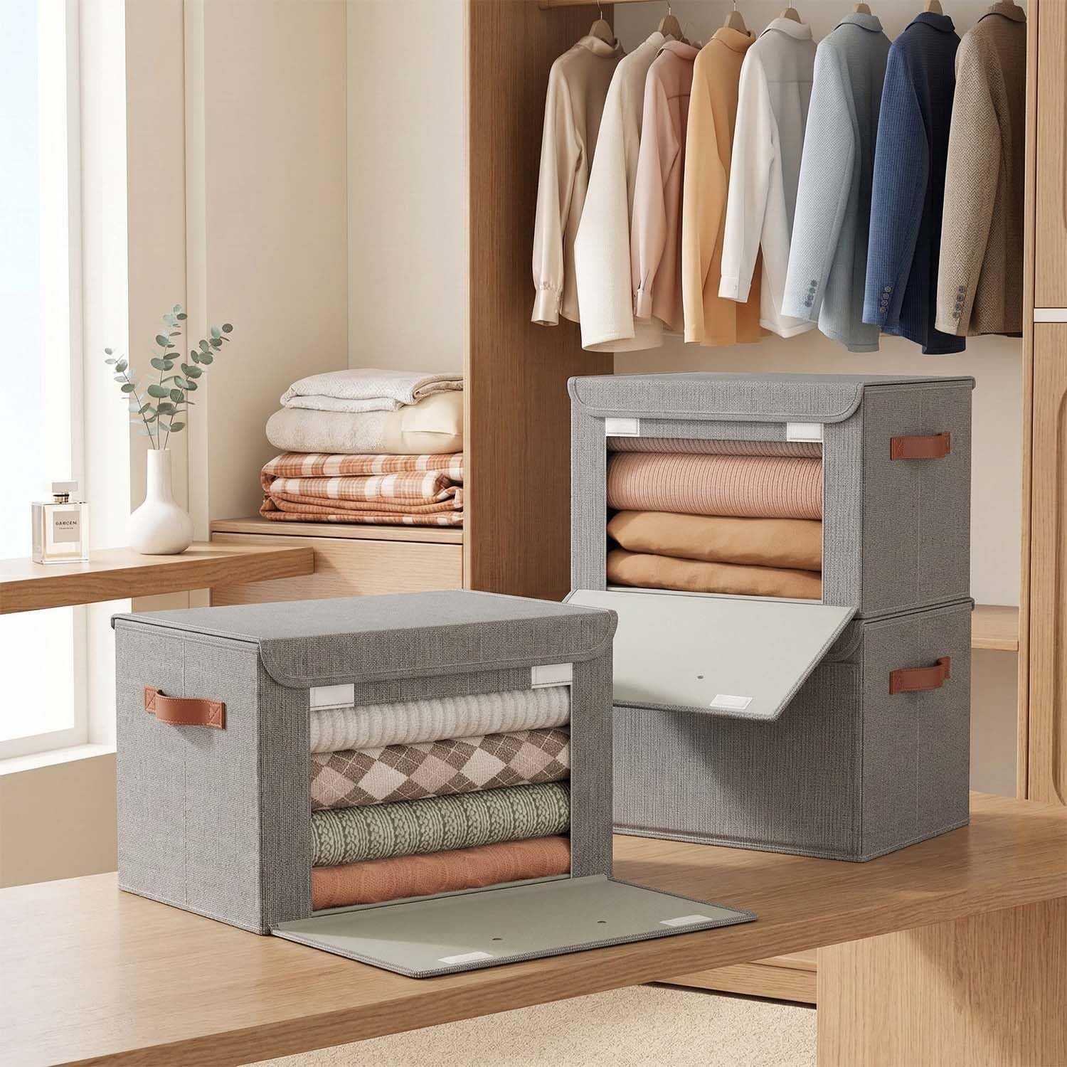 Tuza 6 Pack Storage Bins with Lids, Large Closet Storage Bins with Handles, Stackable Decorative Storage Boxes for Shelves Under Bed, Clothes Blankets Sweater Storage