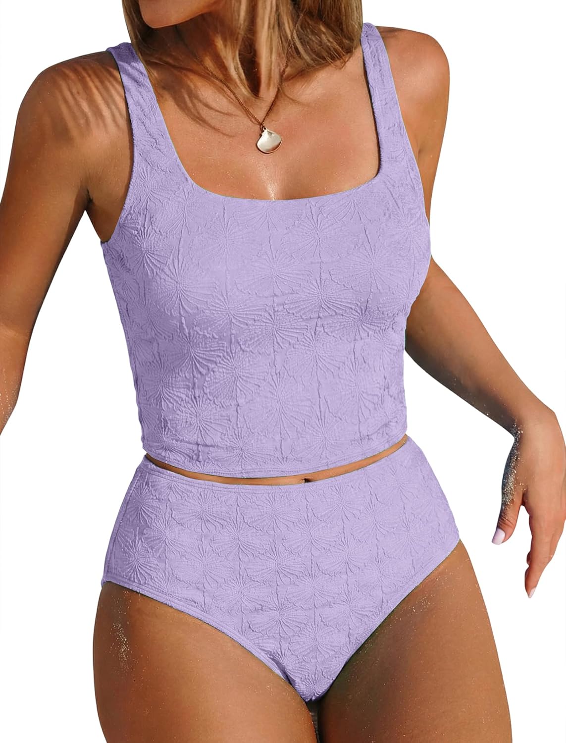 ZAFUL Womens Tankini Swimsuits Two Piece Tummy Control Bathing Suits Textured Tankini Swim Top with High Waisted Bottom