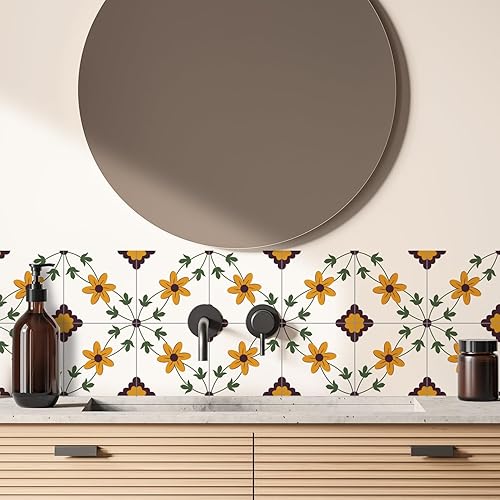 Miniatura 6 de Alwayspon Suelo de vinilo, diseño retro de flores naranjas autoadhesivas para azulejos de suelo de transferencia para baño, cocina, salpicaduras,