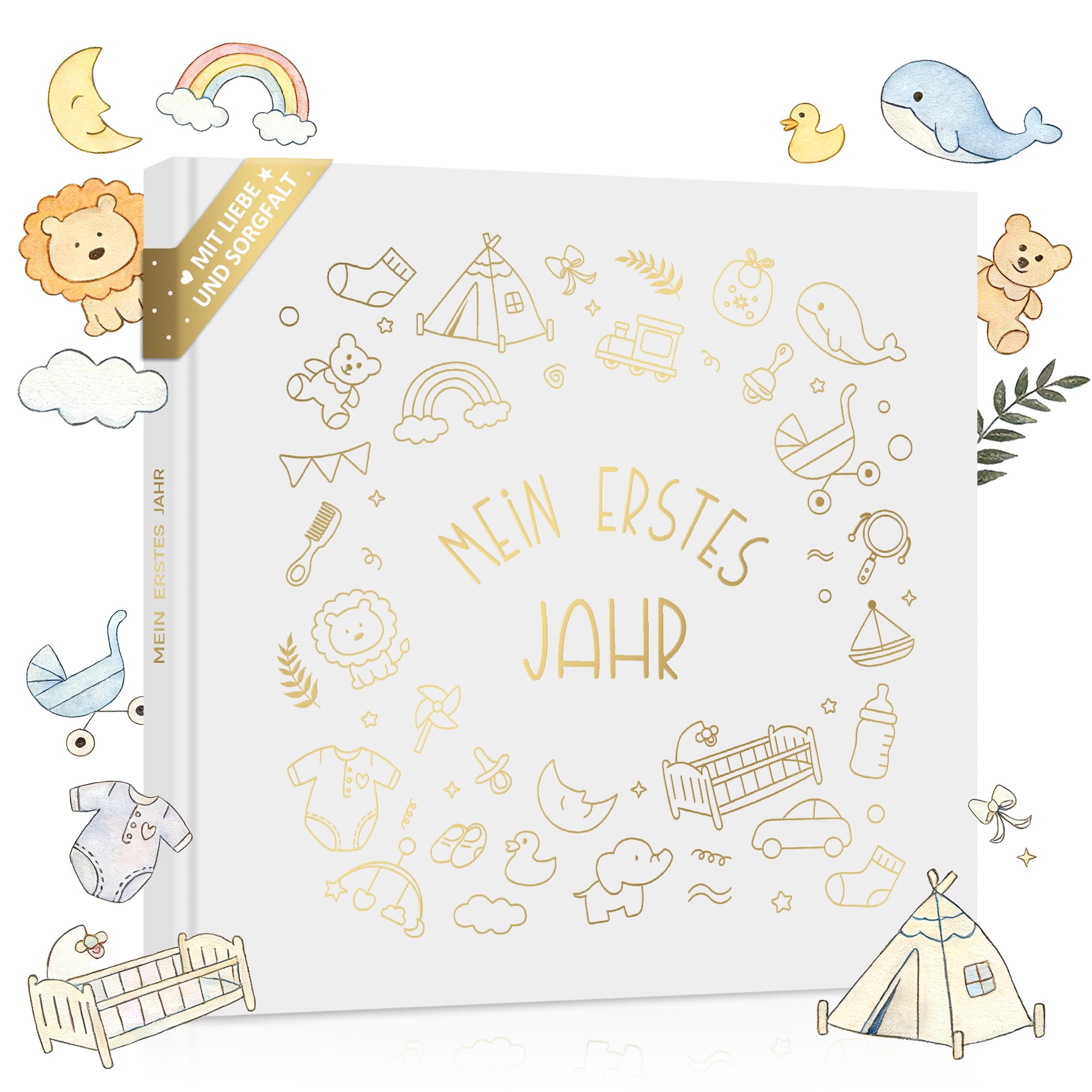 Mein erstes Jahr Babyalbum mit viel Platz für Fotos & stabilem Papier, Fotoalbum Baby Erinnerungsbuch, Babytagebuch zum Eintragen für das erste Lebensjahr 21x21cm, Baby Geschenk Geburt Junge & Mädchen