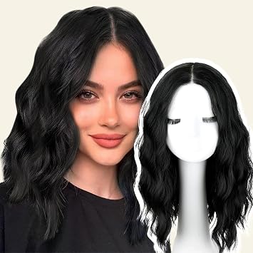Black Short Wavy Wig for Women Shoulder Length Middle Part with Pre Cut Lace Hairline Wavy Wig Natural Appearance Synthetic Heat Resistant Fiber for Everyday Hairstyle 16 Inch
