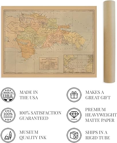 Miniatura 4 de HISTORIX Póster vintage de mapa de República Dominicana 1910, 18 x 24 pulgadas, arte de pared con mapa vintage de República Dominicana - Old Mapa de