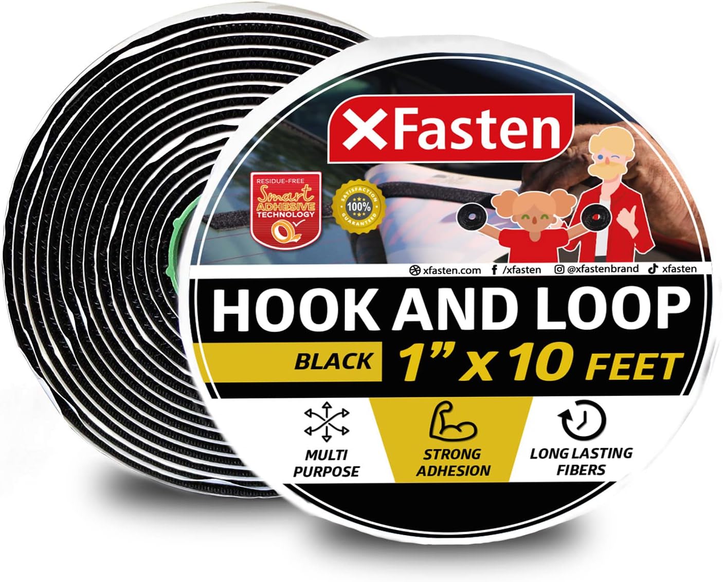 Hook and Loop Tape, Black, 1 inch x 10ft Industrial Strips with Adhesive Heavy Duty, Indoor/Outdoor Hook and Loop Roll, No Sew Sticky Strips - XFasten