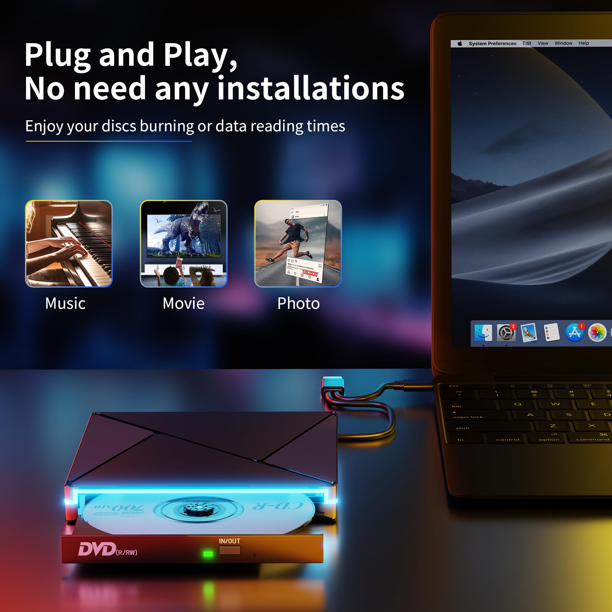 BHHB Unità CD/DVD esterne con custodia (Nero-2 in 1 RGB)