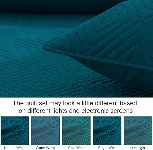 Miniatura 6 de Exclusivo Mezcla Juego de edredón de 3 piezas, color azul marino, tamaño King, diseño cuadrado, ultrasónico, ligero y suave, colchas, colchas, juego
