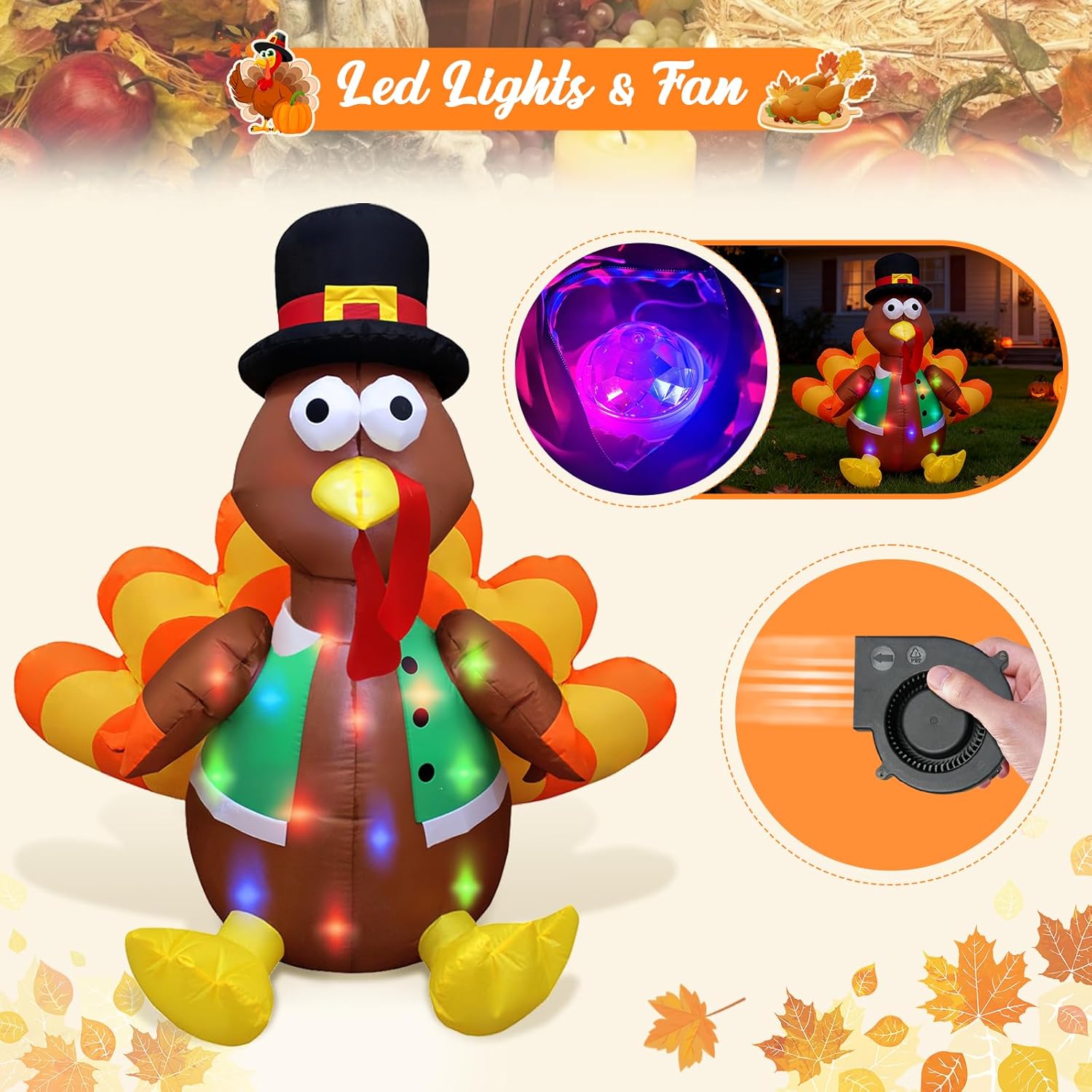Evoio Inflatable Turkey Thanksgiving Blow up Turkey Outdoor Yard Decorations, 4 FT 丨Multicolor LED Lighting Turkeys Inflatables for Front Yard, Lawn, Garden, Indoor, Outside Autumn Fall Xmas Decor